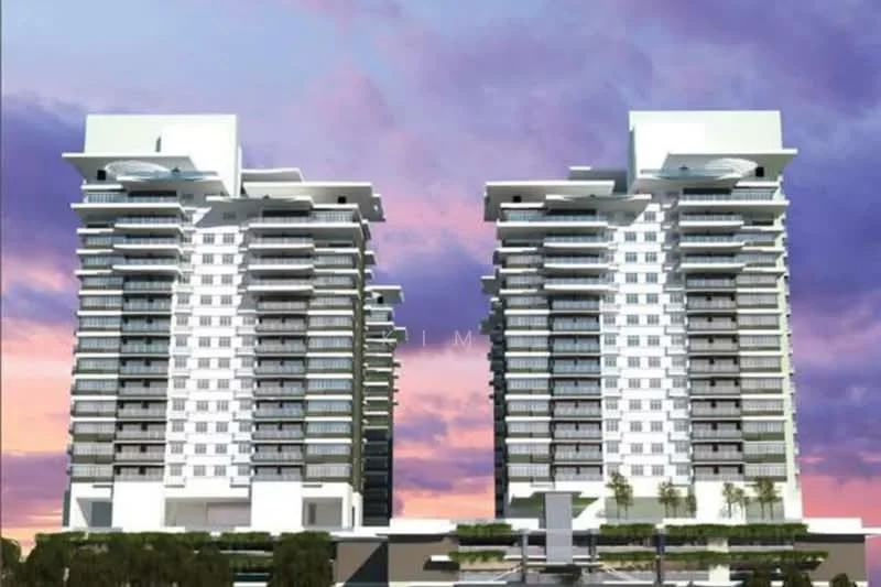 Exterior type: high-rise condominium; features: glass curtain wall, white painted facade, recessed balconies, multiple storeys, landscaped grounds, palm trees in foreground; style: modern.