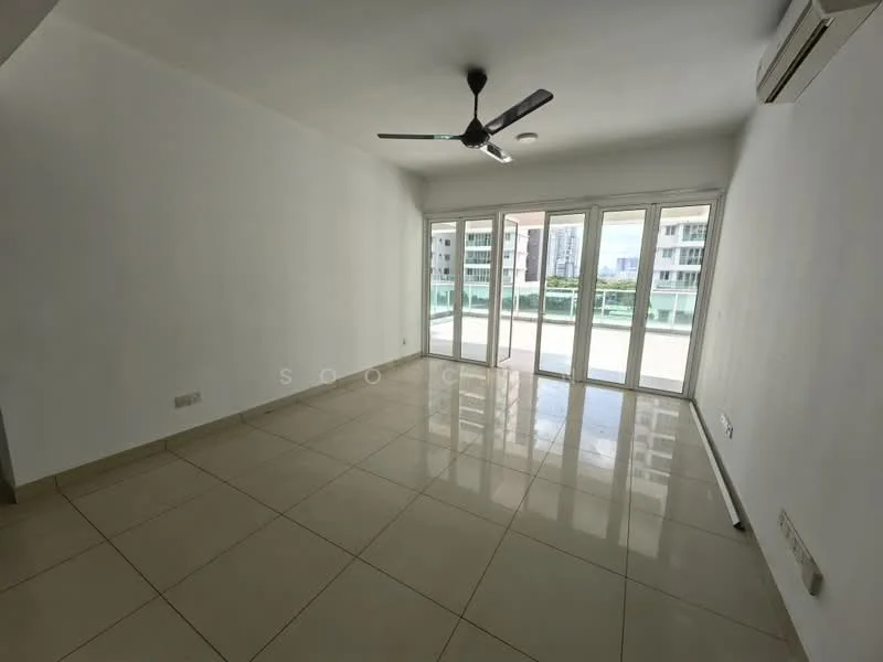 Living features: white painted walls, glossy ceramic tile flooring, 5-blade ceiling fan, floor-to-ceiling sliding glass doors, balcony access, air conditioning unit, natural light from windows, neutral color scheme; style: modern; view: city.