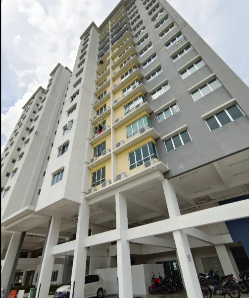 Exterior type: mid-rise condominium; features: grey painted facade, yellow accent balcony, floor-to-ceiling windows, covered parking area, multiple storeys, concrete columns, balconies on upper floors, manicured landscaping, visible parking spaces, surrounded by mature greenery; style: modern.