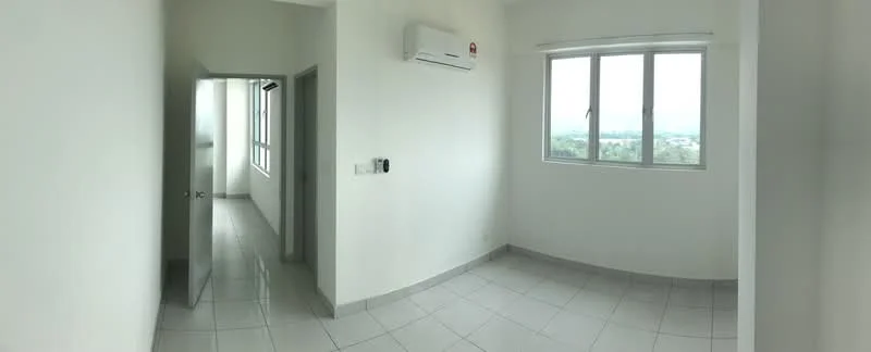 Room features: white painted walls, glossy ceramic tile flooring, floor-to-ceiling windows, 1 wall-mounted split AC, neutral color scheme, natural light from windows, corner room layout, view of surrounding landscape; style: modern; view: landscape.