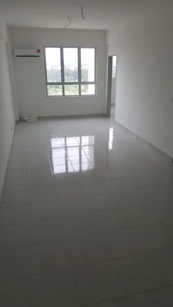 Room features: white painted walls, glossy ceramic tile flooring, floor-to-ceiling windows, 1 wall-mounted split AC, natural light from windows, neutral color scheme, open layout, no visible furniture or decor; style: modern; view: garden.