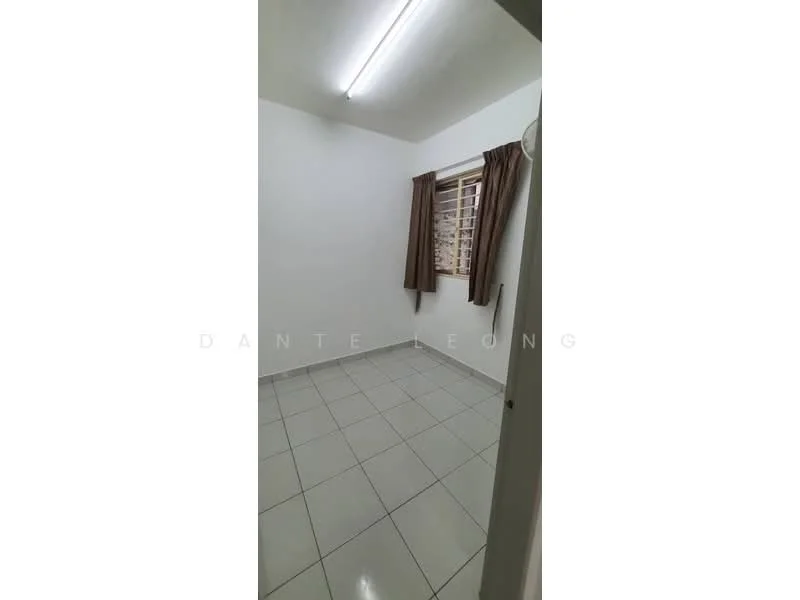 Room features: white painted walls, grey tiled flooring, window with curtains, fluorescent ceiling light, corner room, no visible furniture.