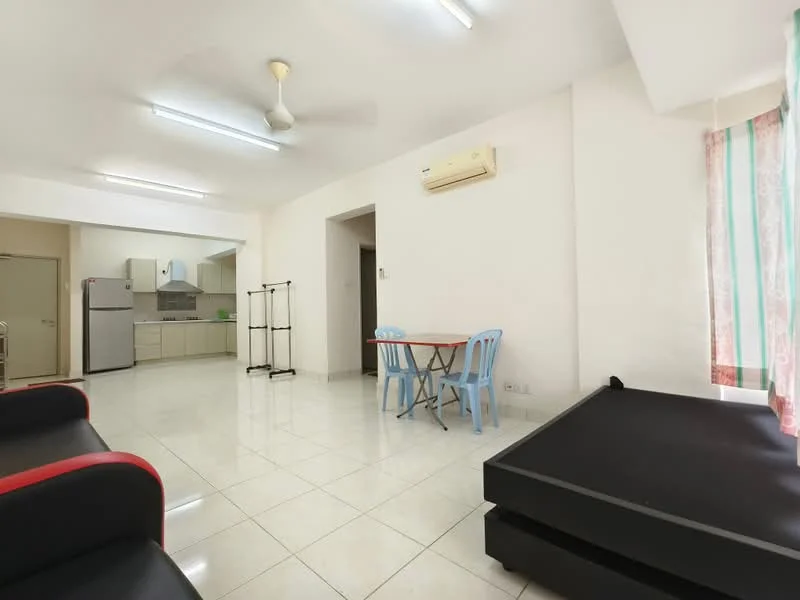 Living features: white painted walls, glossy ceramic tile flooring, ceiling fan, 2-seater black sofa with red accents, small dining table with blue chairs, air conditioning unit, natural light from window with sheer curtains; style: modern. Kitchen features: white cabinetry, grey countertop, stainless-steel fridge, built-in oven, ceramic tile flooring; style: modern.
