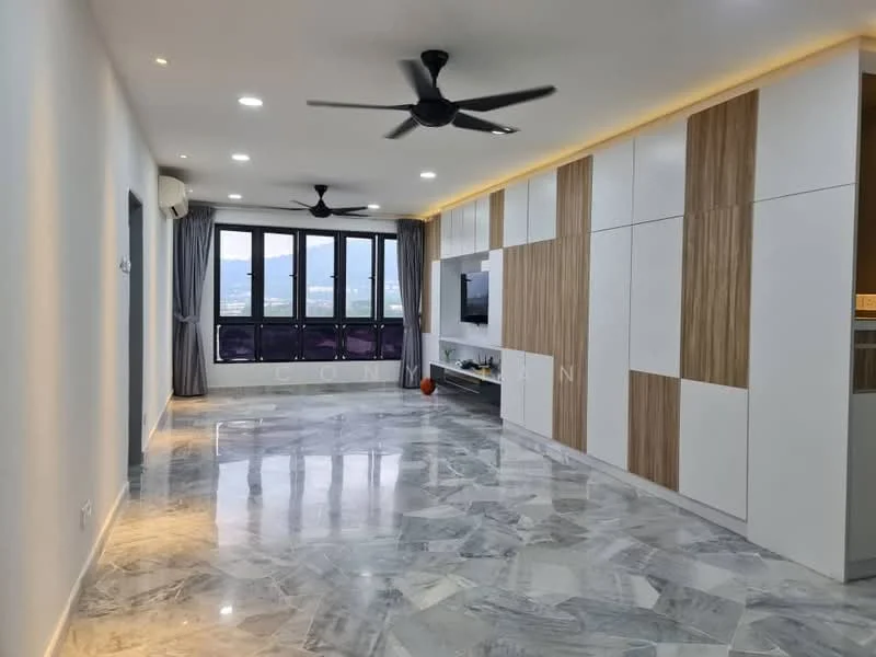 Living features: marble flooring, white painted walls, wood panel feature wall, 5-blade ceiling fan with light, floor-to-ceiling windows, TV console, recessed lighting, open layout; style: modern; view: city.