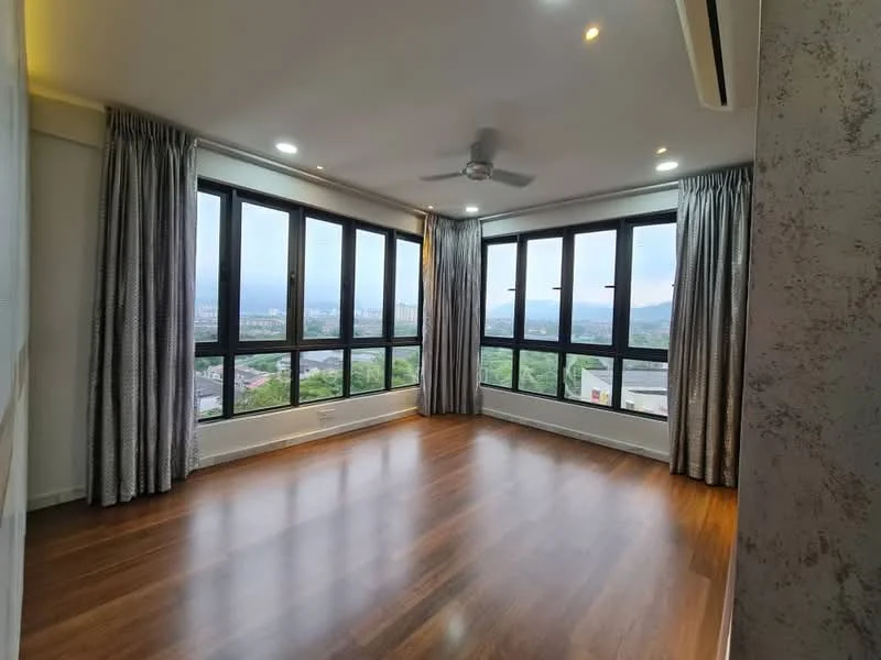 Room features: large floor-to-ceiling windows, grey curtains, wooden flooring, ceiling fan, recessed downlights, smooth white walls, corner view, city skyline view; style: modern; view: city.