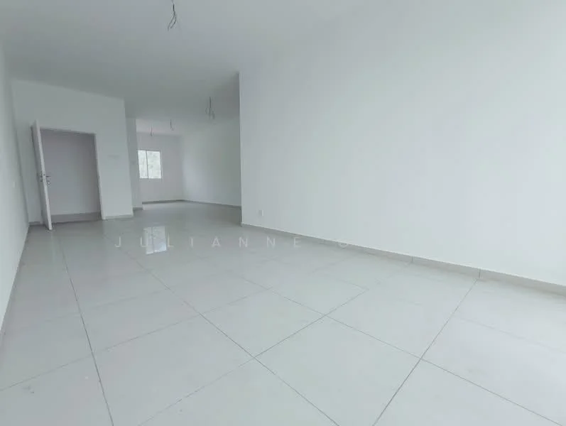 Room features: white painted walls, polished ceramic tile flooring, no visible ceiling fixtures, large window, neutral color scheme, spacious layout, empty space; style: minimalist.