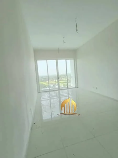 Room features: white painted walls, glossy white tile flooring, floor-to-ceiling windows, city view, no visible ceiling fixtures, minimalist design, open layout, natural light; style: modern; view: city.