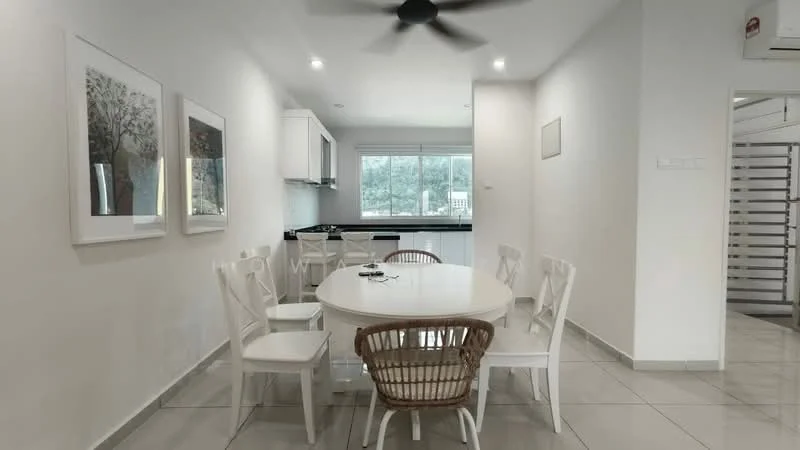 Dining features: round dining table, white dining chairs, rattan dining chair, ceiling fan, white painted walls, grey tiled flooring, large window with natural light, black countertop, kitchen cabinetry in white; style: modern.