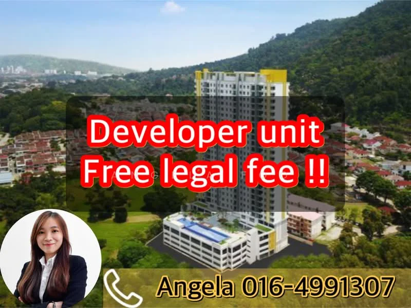 Exterior type: high-rise condominium; features: glass curtain wall, recessed balconies, swimming pool deck, landscaped garden, surrounded by greenery, mountain view in background; style: modern.