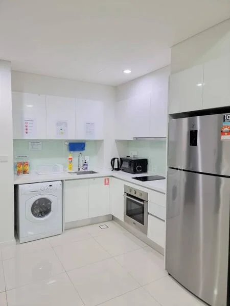 Kitchen features: white cabinetry, stainless-steel refrigerator, built-in oven, 4-burner gas hob, single-bowl stainless-steel sink, chrome pull-down faucet, white tiled backsplash, washing machine, countertop with integrated sink, under-cabinet lighting, ceramic tile flooring, recessed downlights; style: modern.