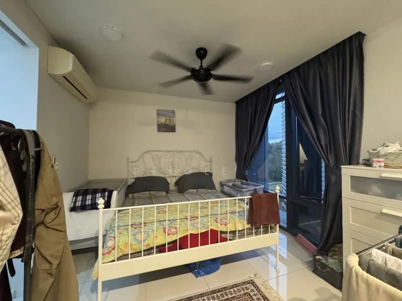 Bedroom features: queen-size bed with colorful bedding, white metal bed frame, 2 bedside tables, 5-blade ceiling fan with light, floor-to-ceiling windows, blackout curtains, white painted walls, polished tile flooring, built-in wardrobe, area rug with geometric pattern, air conditioning unit; style: modern; view: city.