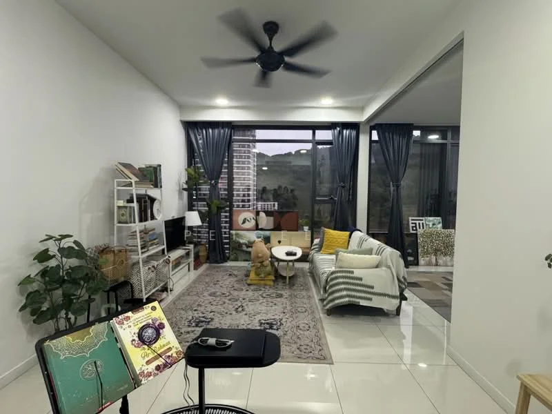 Living features: white painted walls, glossy tile flooring, 5-blade ceiling fan with light, floor-to-ceiling windows, grey area rug with geometric pattern, 3-seater fabric sofa in green, coffee table, decorative throw pillows, shelves with books and plants, potted plants, wall-mounted TV, curtains, decorative wall art; style: modern; view: mountain.