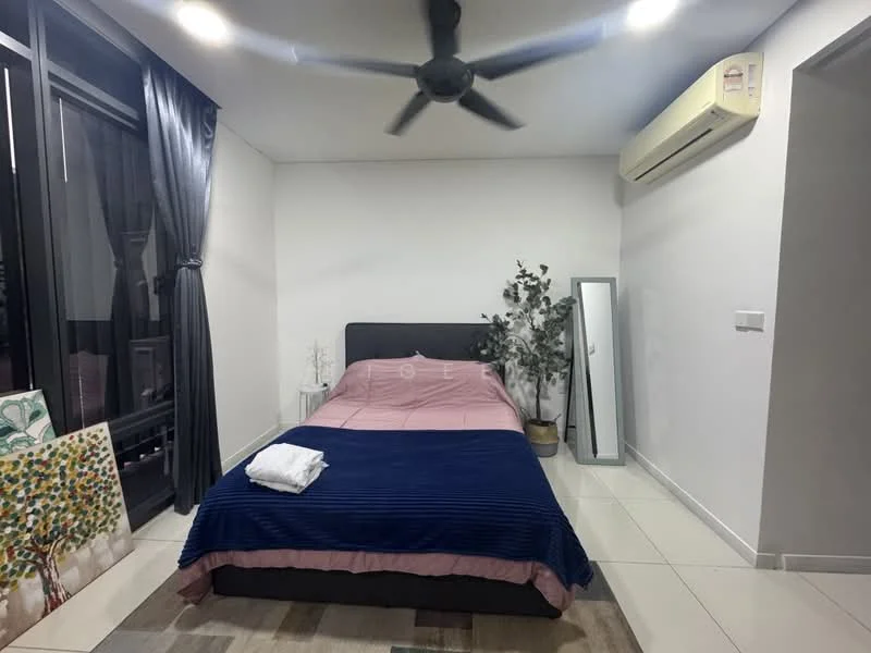 Bedroom features: king-size bed with blue bedspread, upholstered headboard, 2 bedside lamps, floor-to-ceiling windows, blackout curtains, wall-mounted split AC, decorative mirror, indoor plant, white painted walls, tile flooring, ceiling fan with light, area rug; style: modern; view: city.