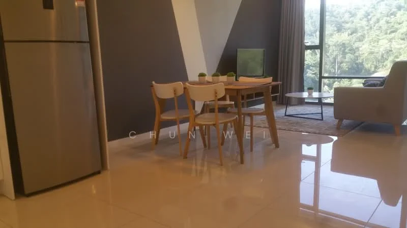 Living features: grey accent wall, white painted walls, glossy tile flooring, floor-to-ceiling windows, curtains, 3-seater fabric sofa in light grey, coffee table, dining table with 4 chairs, refrigerator, decorative plants, area rug; style: modern; view: garden.
