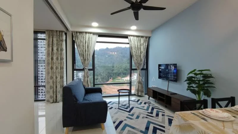 Living features: 3-seater fabric sofa in navy blue, coffee table, TV console, wall-mounted TV, area rug with geometric pattern, floor-to-ceiling windows, curtains, ceiling fan with light, decorative plant, dining table with chairs, white walls, tile flooring; style: modern; view: mountain.