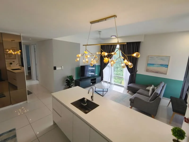 Living features: grey fabric sofa, light wood side table, area rug, wall-mounted TV, pendant light with multiple bulbs, floor-to-ceiling windows, blackout curtains, decorative artwork, green accent wall, plant in ceramic pot; style: modern; view: garden. Kitchen features: white cabinetry, marble countertop, single-bowl stainless-steel sink, chrome pull-down faucet, built-in appliances, ceramic tile flooring; style: modern.