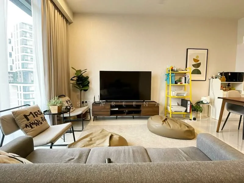 Living features: grey fabric sofa, bean bags, coffee table, TV console, wall-mounted TV, decorative plant, framed artwork, floor-to-ceiling windows with sheer curtains, light-colored walls, tile flooring, shelving unit, dining table with chairs; style: modern; view: city.