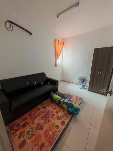 Room features: black leather sofa, orange curtain, white painted walls, tile flooring, ceiling fan, wooden wardrobe, area rug with geometric pattern.
