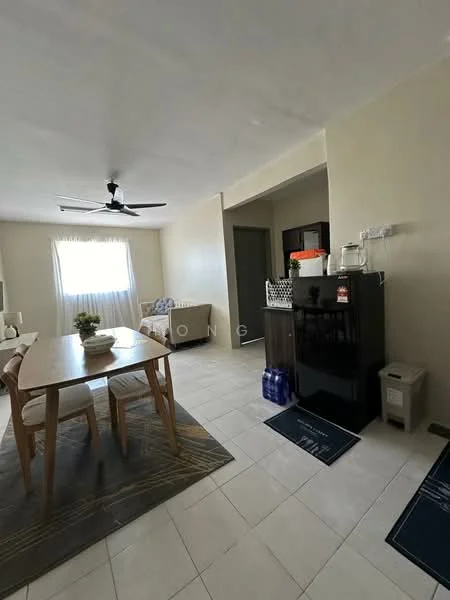 Dining features: rectangular dining table, 4 wooden dining chairs, area rug with geometric pattern, ceiling fan, white walls, window with sheer curtains, fridge, black cabinetry, light-colored tile flooring, decorative plant on table; style: modern. Living features: sofa, light-colored walls, window with sheer curtains, light-colored tile flooring; style: modern.
