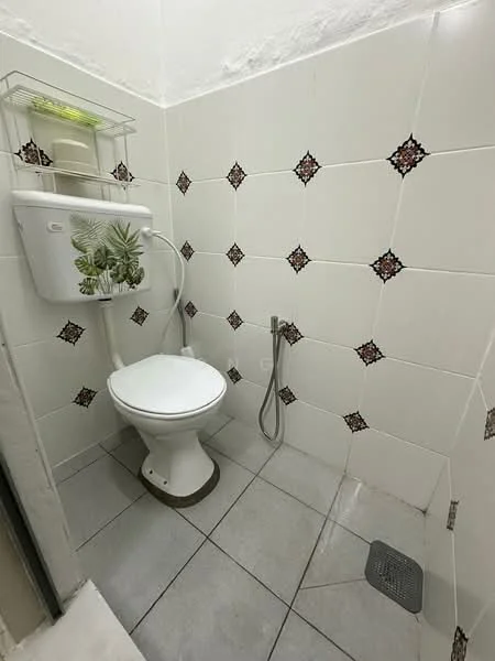 Bathroom features: white ceramic toilet, chrome bidet spray, white wall tiles with decorative pattern, grey floor tiles, wall-mounted cistern, shower drain, small shelf with plants; style: modern.