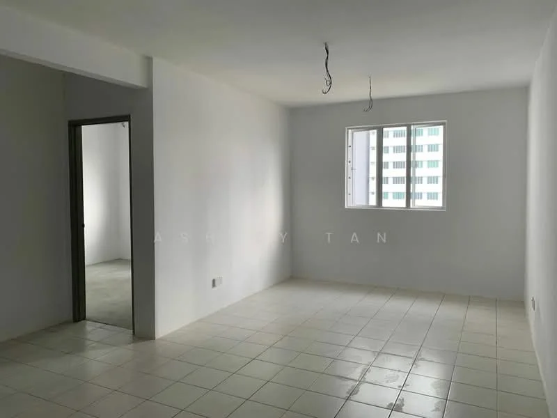 Room features: white painted walls, tile flooring, large window, exposed ceiling with hanging wires, neutral color scheme.