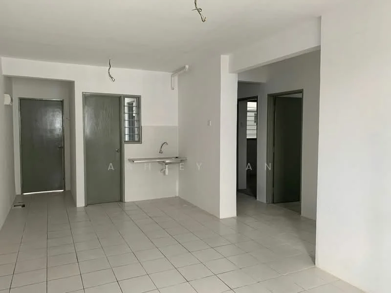Room features: white painted walls, tile flooring, single-bowl stainless-steel sink, wall-mounted faucet, open layout, two doorways leading to other rooms, window with metal grille, ceiling light fixtures; style: minimalist.