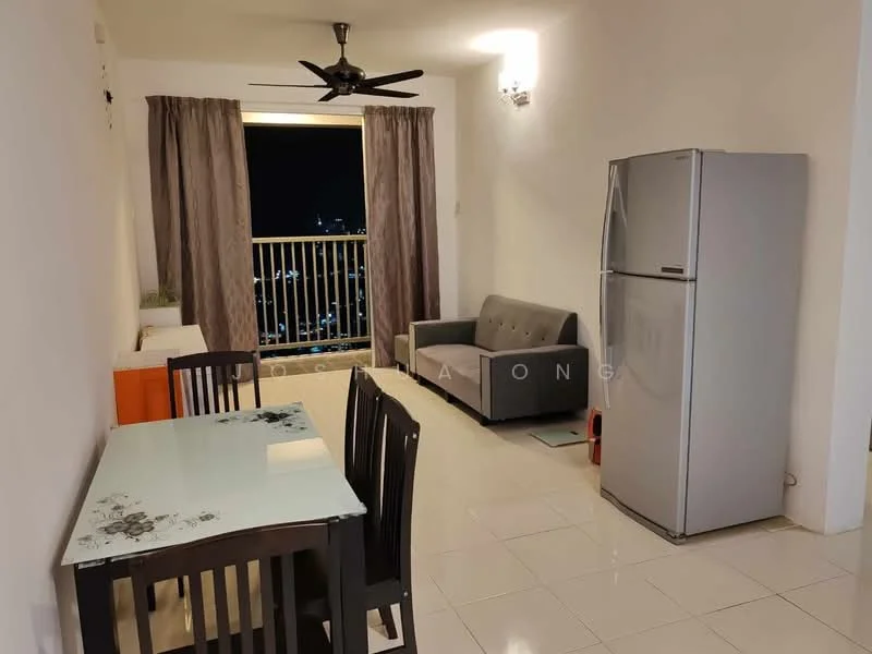 Living features: 3-seater fabric sofa in grey, dining table with floral design, 4 dining chairs, stainless-steel fridge, floor-to-ceiling windows, curtains in grey, white walls, glossy tile flooring, ceiling fan with light, wall-mounted light fixtures; style: modern; view: city.