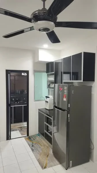 Kitchen features: black cabinetry, stainless-steel refrigerator, built-in oven, ceramic tile flooring, 5-blade ceiling fan with light, white walls, countertop with sink, glass backsplash, window above sink, open shelving, microwave, kitchen island; style: modern.
