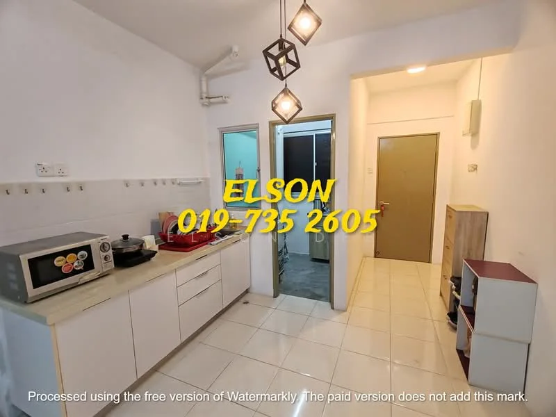 Kitchen features: white tiled walls, cream laminate countertop, single-bowl stainless-steel sink, chrome pull-down faucet, built-in microwave, freestanding range oven, red cabinetry, white tiled flooring, 3-blade ceiling fan with light, hanging pendant light, open shelving, kitchen appliances, doorway to hallway; style: modern.