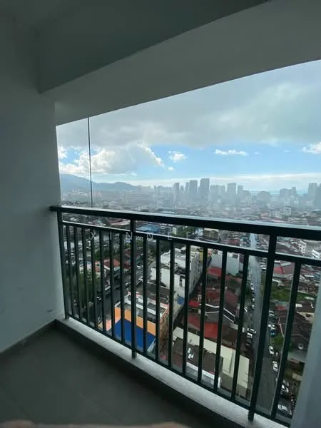 Balcony features: glass railing, tile flooring, city skyline view, overhead cover, open space; style: modern; view: city.