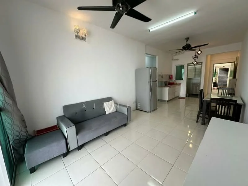 Living features: grey fabric sofa, white walls, ceramic tile flooring, 5-blade ceiling fan, wall-mounted light fixture, floor-to-ceiling windows with sheer curtains, dining table with chairs, stainless-steel fridge, open layout to kitchen, recessed ceiling lights; style: modern. Kitchen features: white cabinetry, red countertop, stainless-steel sink, built-in oven, 4-burner gas hob, exhaust hood, tile backsplash; style: modern.
