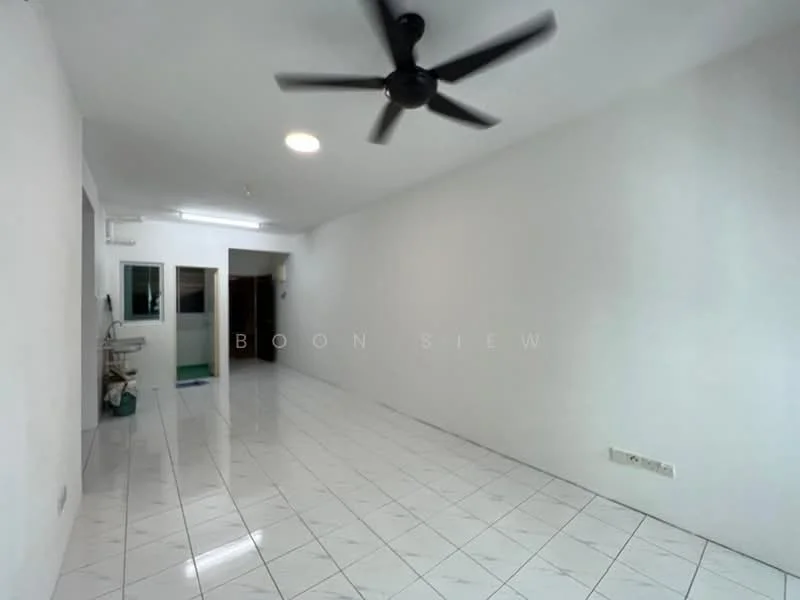 Room features: white painted walls, glossy white tile flooring, ceiling fan, recessed ceiling lights, open layout, no visible furniture, large windows, doorway leading to another room; style: modern.