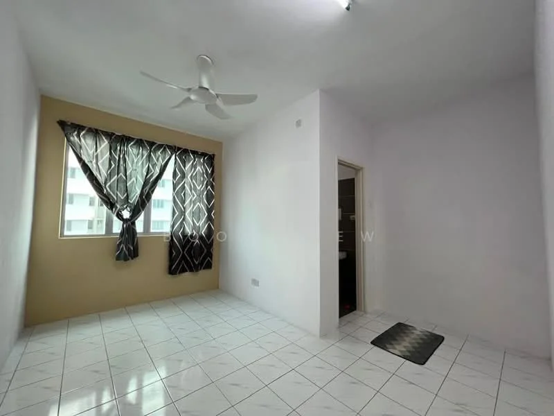 Room features: white painted walls, cream accent wall, white tiled flooring, 5-blade ceiling fan, floor-to-ceiling window, black and white patterned curtains, doorway leading to bathroom, matte black doormat; style: modern.
