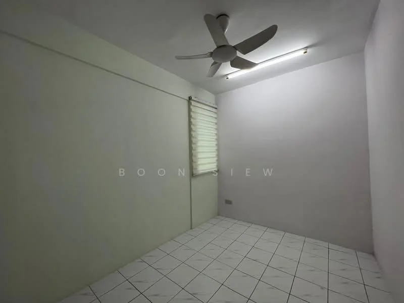 Room features: white painted walls, ceiling fan, recessed lighting, tile flooring, window with blinds.