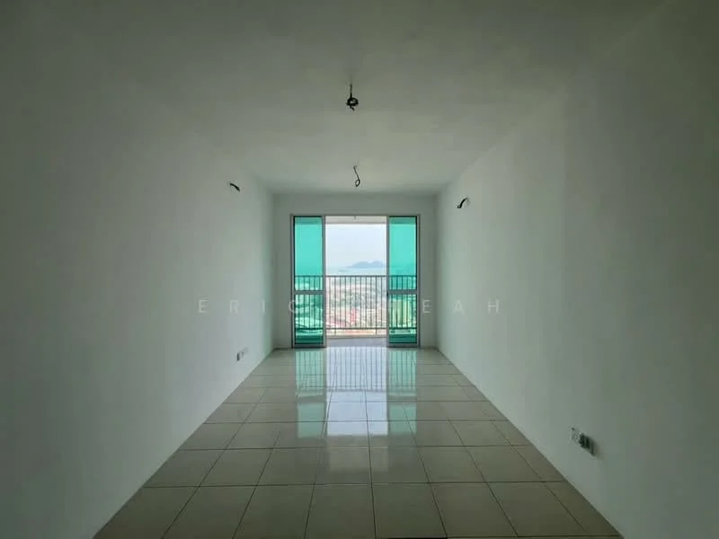 Room features: white painted walls, glossy tile flooring, floor-to-ceiling windows, sliding glass door, balcony access, city view, recessed lighting, no visible furniture; style: modern; view: city.