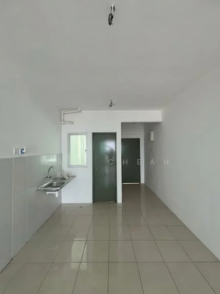 Room features: white painted walls, glossy ceramic tile flooring, single-bowl stainless-steel sink, window with clear glass, two green doors, ceiling lights, neutral color scheme; style: modern.