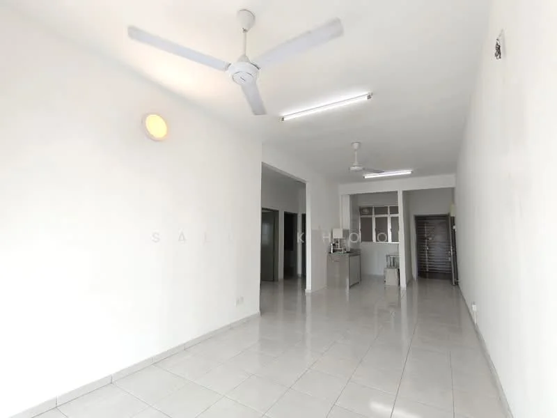 Living features: white painted walls, glossy white tile flooring, 2 ceiling fans, recessed downlights, large window, open layout, neutral decor, no visible furniture; style: minimalist. Kitchen features: kitchen counter, open to living area, no visible appliances.