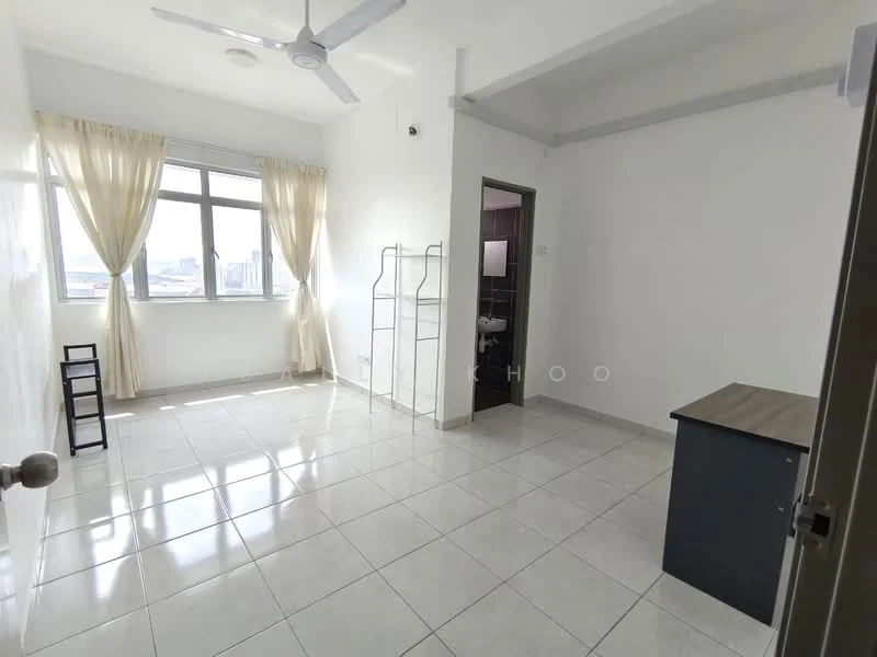 Room features: white painted walls, grey tiled flooring, floor-to-ceiling windows, sheer curtains, 5-blade ceiling fan, single desk, metal shelving unit, doorway leading to another room; style: minimalist; view: city.