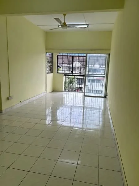 Room features: yellow painted walls, glossy white tile flooring, ceiling fan, floor-to-ceiling windows, sliding glass door, grid window grills, natural light from windows, view of exterior landscape; style: modern; view: garden.