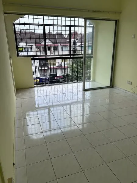 Room features: large floor-to-ceiling window, sliding glass door, white walls, cream tiled flooring, grid-patterned window grille, natural light, view of street, unfurnished space; style: modern; view: city.
