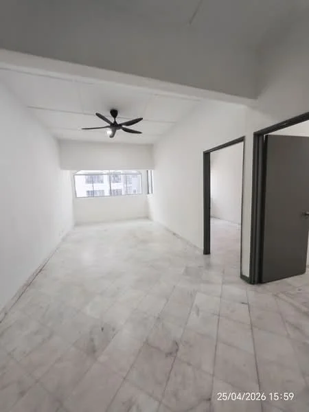 Room features: white painted walls, marble flooring, 5-blade ceiling fan, large window, doorway leading to another room.