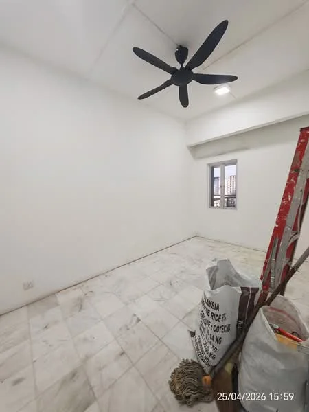 Room features: white painted walls, marble flooring, 5-blade ceiling fan in black, window with city view, ladder, cleaning supplies, mop, bag of rice; view: city.