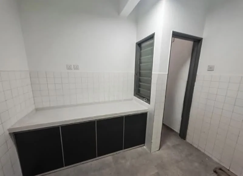 Laundry features: white tiled walls, grey tiled flooring, black cabinetry, white countertop, window with metal grille, door leading to another room.
