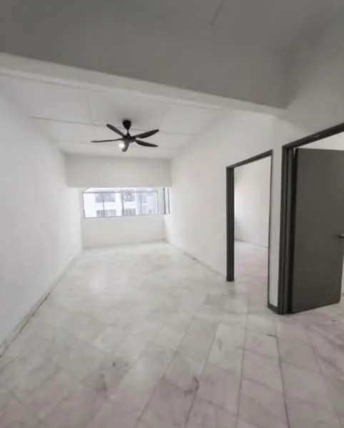 Room features: white painted walls, marble flooring, 5-blade ceiling fan, floor-to-ceiling windows, doorway leading to another room, natural light from windows.