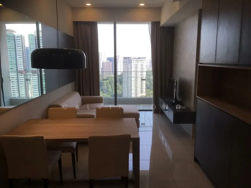 Living features: floor-to-ceiling windows, city view, 3-seater fabric sofa in beige, wooden coffee table, 4-seater dining table, upholstered dining chairs, wall-mounted TV, built-in cabinetry, recessed downlights, cream painted walls, glossy tile flooring, curtains, decorative wall paneling; style: modern.