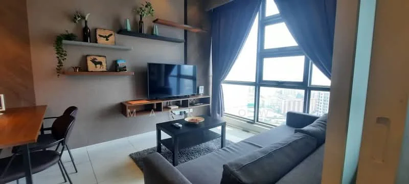 Living features: grey fabric sofa, black area rug, wooden coffee table, wall-mounted TV, floating shelves with decorative items, large floor-to-ceiling windows, curtains, dining table with chairs, neutral painted walls, tile flooring; style: modern; view: city.