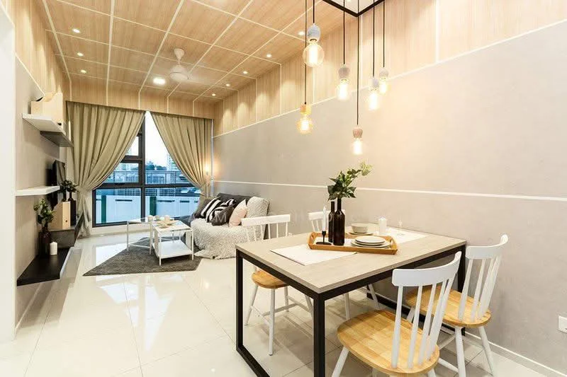 Living features: white painted walls, light wood paneling on ceiling, recessed downlights, 5-blade ceiling fan, floor-to-ceiling windows, sheer curtains, grey area rug, 3-seater fabric sofa in light grey, decorative cushions, wall-mounted TV, black TV console, dining table with black frame, 3 white dining chairs, table setting with plates and glasses, decorative vase with flowers; style: modern; view: city.