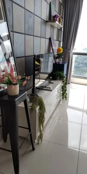 Living features: grey accent wall, white glossy tile flooring, floor-to-ceiling windows, curtains, wall-mounted TV, TV console, decorative plants, shelf with decorative items, stool, framed artwork; style: modern; view: city.