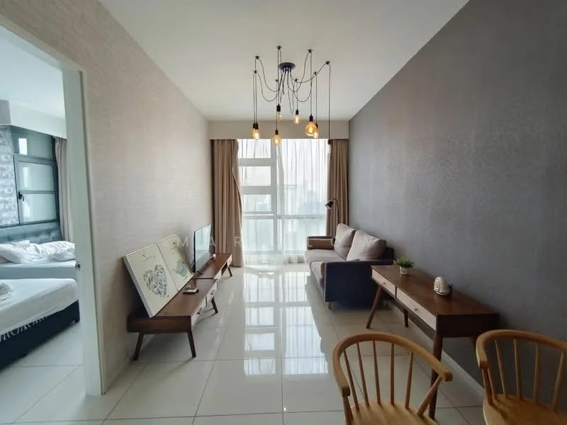 Living features: white painted walls, grey accent wall, glossy tile flooring, sofa in light grey fabric, wooden coffee table, TV console, wall-mounted TV, hanging pendant lights, floor-to-ceiling windows with sheer curtains, decorative wall art, wooden dining chairs; style: modern; view: city. Bedroom features: white painted walls, bed with white bedding, nightstand, table lamp; style: modern.