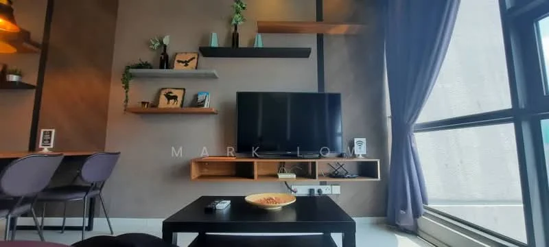 Living features: grey accent wall, light wood shelving, black TV console, wall-mounted TV, dark coffee table, purple upholstered dining chairs, decorative plants, floor-to-ceiling windows, sheer curtains; style: modern; view: city.
